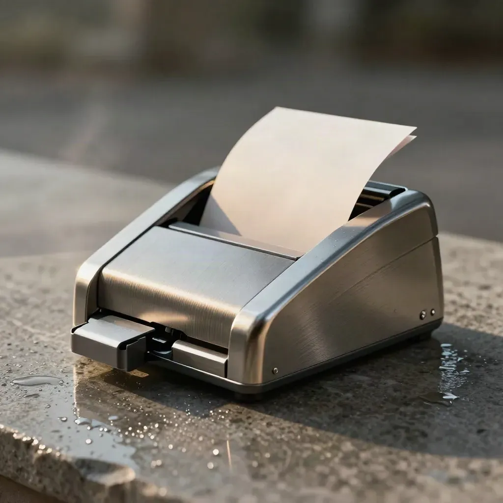 Invoice payment suite dock on wet stone with mist, silver highlights, and soft reflections.
