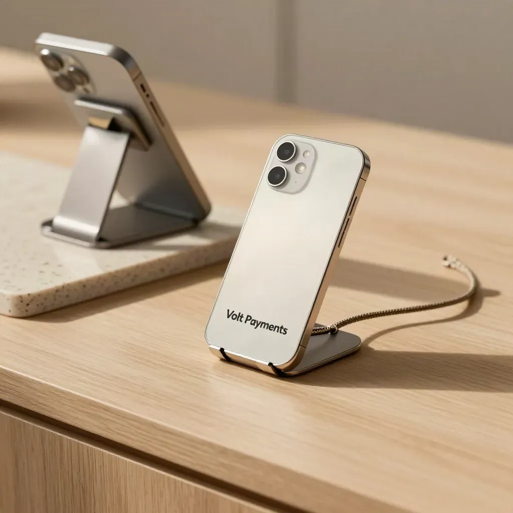 Checkout link token beside phone stand and tap badge on pale wood and travertine.