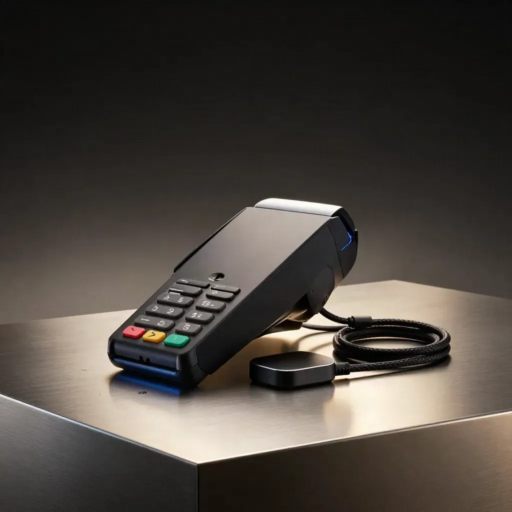 Payment gateway bundle with card readers glowing blue on a dark steel stage.