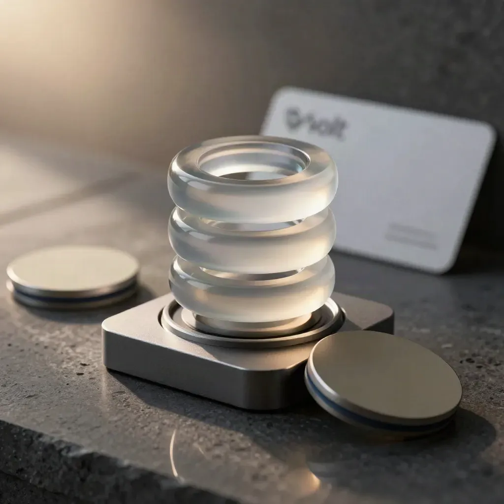 Translucent billing API rings with two data-token pucks on a dark surface.