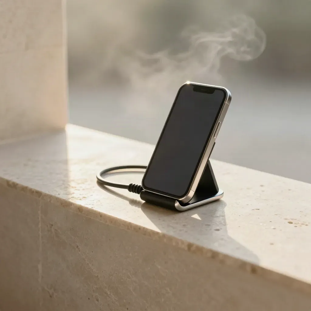 Contactless payment setup puck with slim reader and dark phone stand in pale stone.