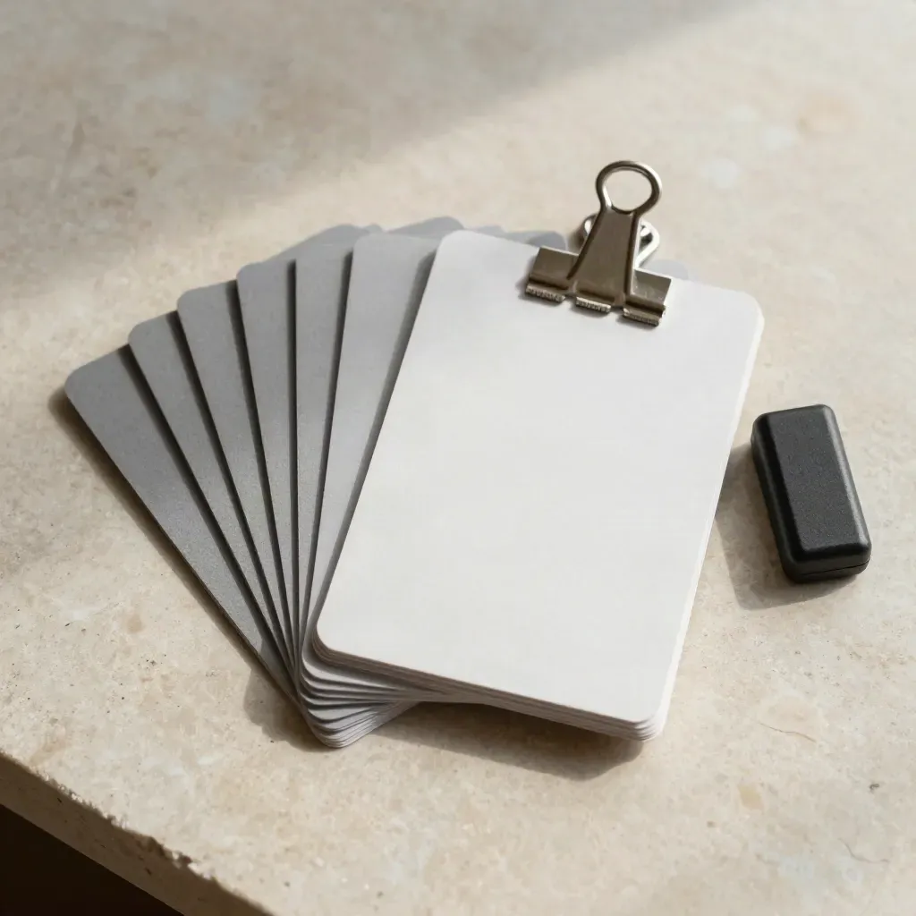 Top-down fraud rules pack flatlay with matte cards, ring clip and sensor pod on limestone.