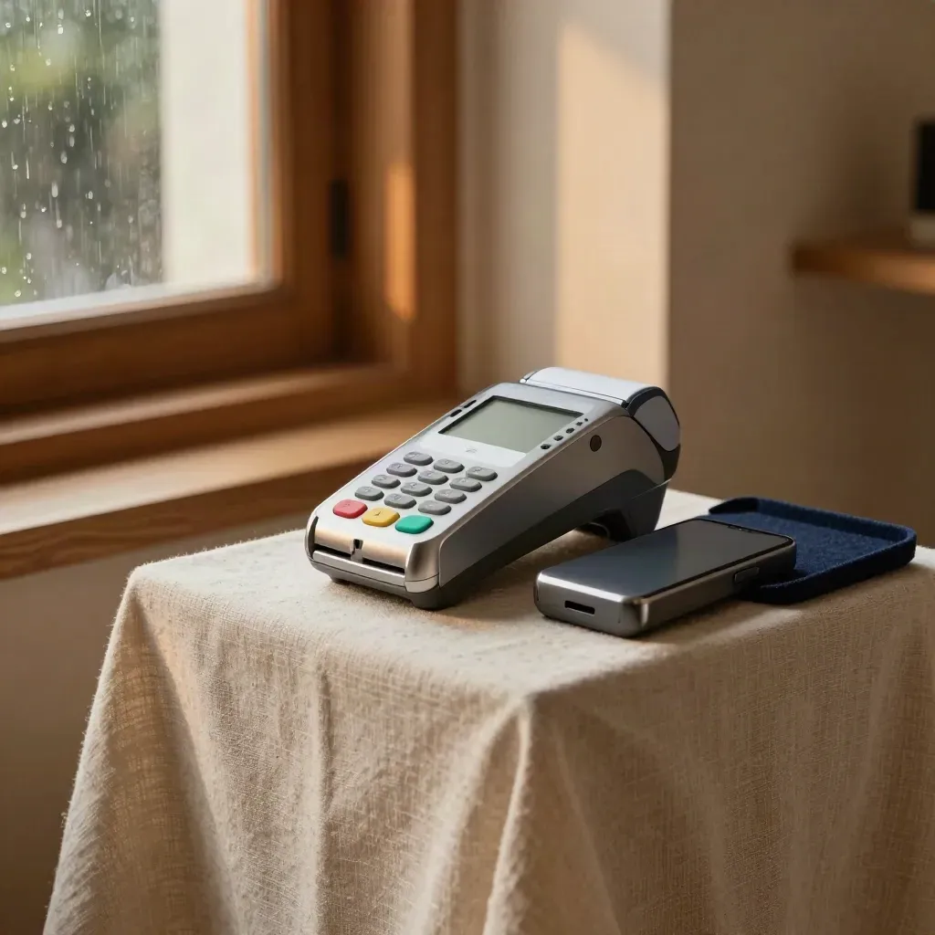 Silver card terminal and tap puck on linen-draped pedestal by a rain-streaked window